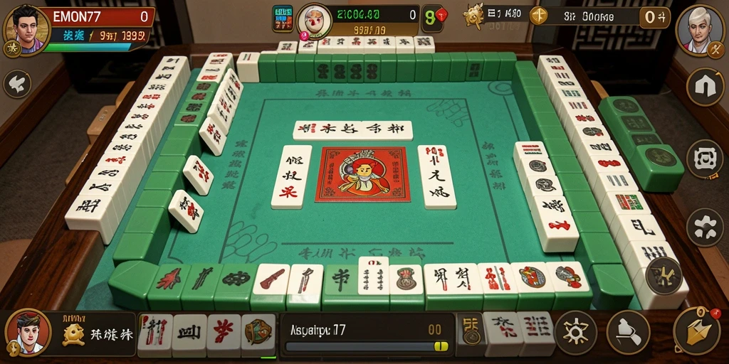 Tangkapan layar gameplay EMON77 yang menampilkan suasana permainan Mahjong.