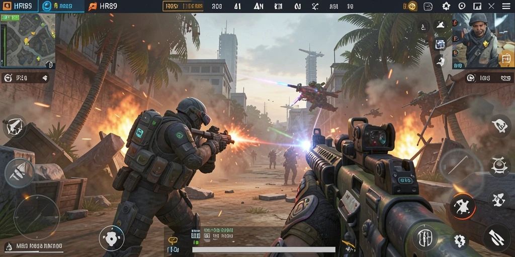 Screenshot gameplay HR89 menampilkan aksi tembak-menembak yang intens.