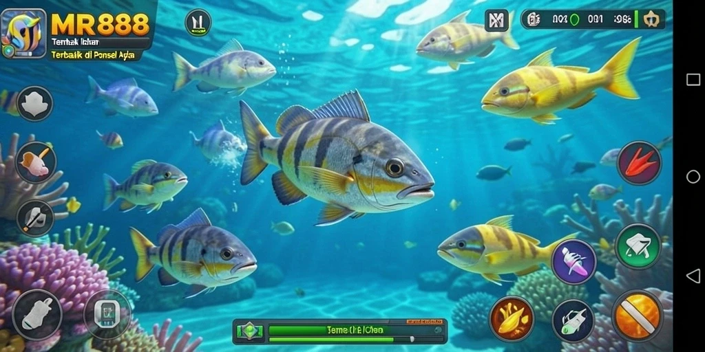 Tampilan gameplay <strong>MR888</strong> menampilkan berbagai ikan dan senjata menarik.